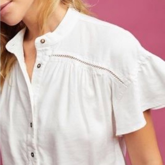 Anthropologie Maeve Sylvan White Linen Top Ruffle Flutter Sleeve Henley Size M - Picture 5 of 11